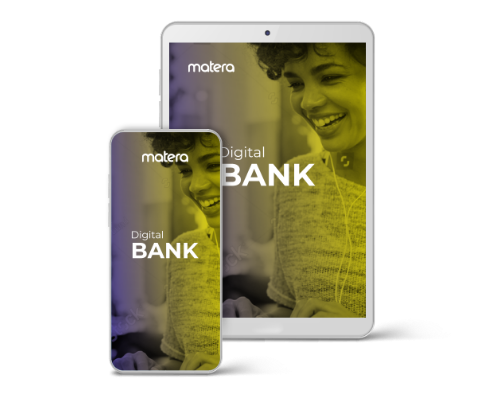 Tablet e celular com ebook sobre Digital Bank - Matera